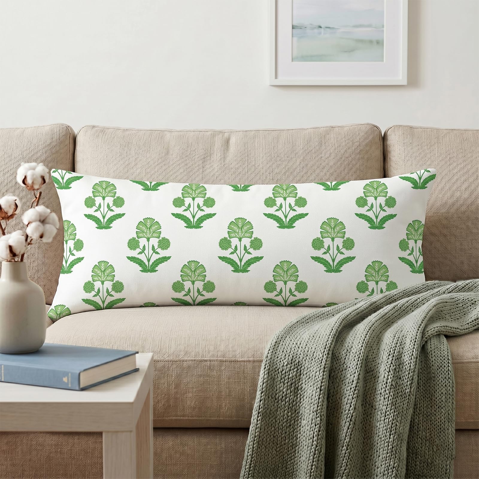 Block Print Floral Long Lumbar Pillow Covers, 14x36 Inch — Floral 6