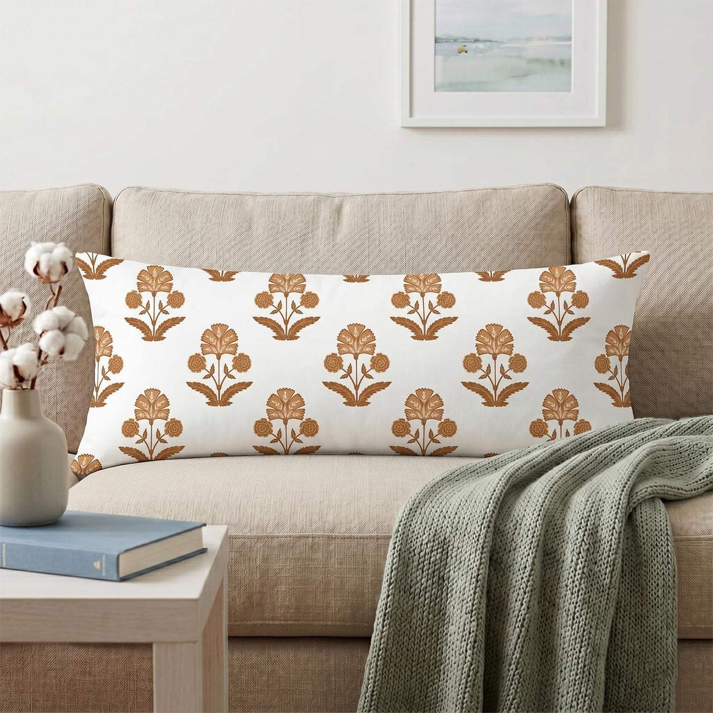 Block Print Floral Long Lumbar Pillow Covers, 14x36 Inch — Floral 7