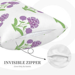 Hidden zipper detail on long lumbar pillow cover with purple block-print-inspired floral sprigs