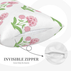 Hidden zipper detail on long lumbar pillow cover with pink block-print-inspired floral sprigs