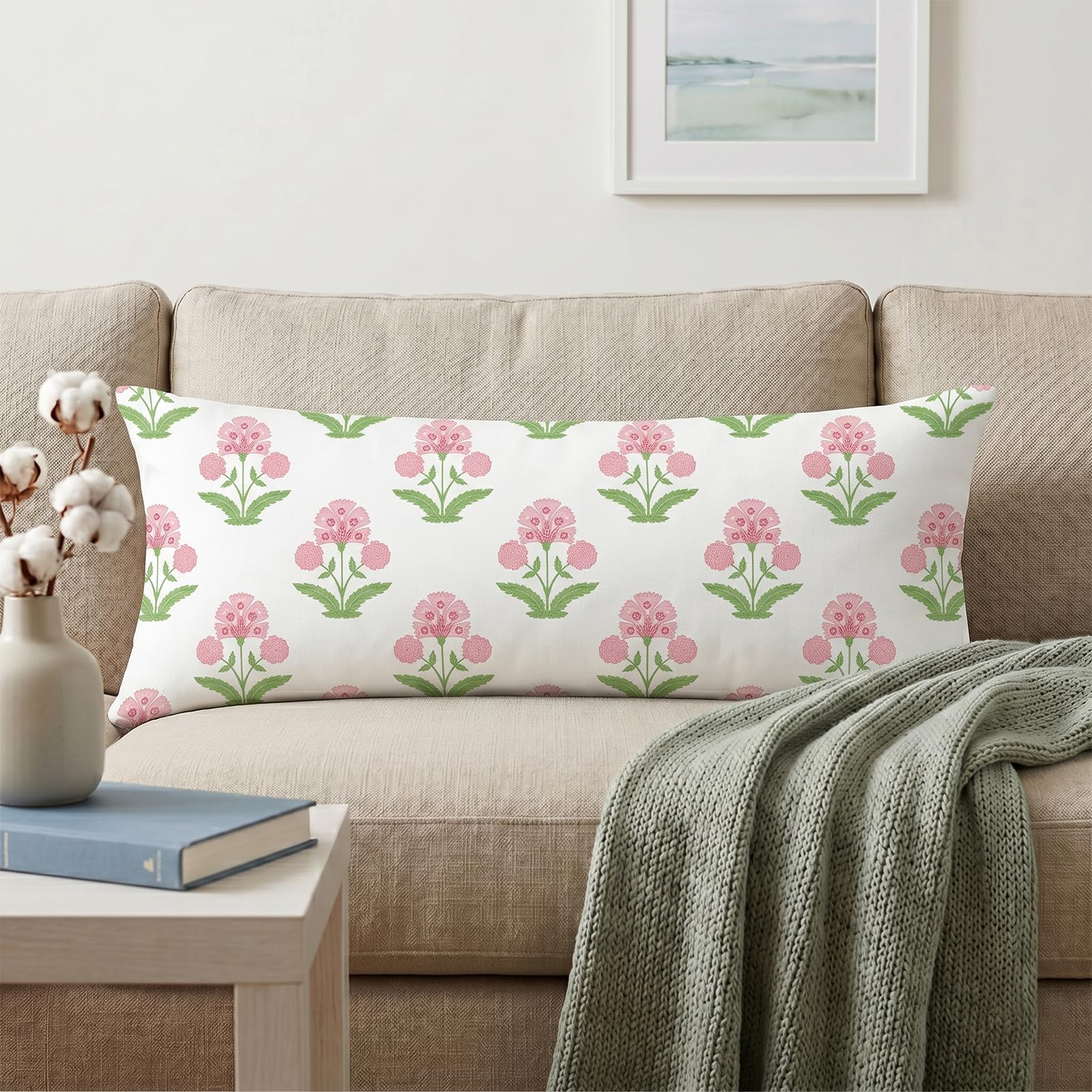 Block Print Floral Long Lumbar Pillow Covers, 14x36 Inch — Floral 9