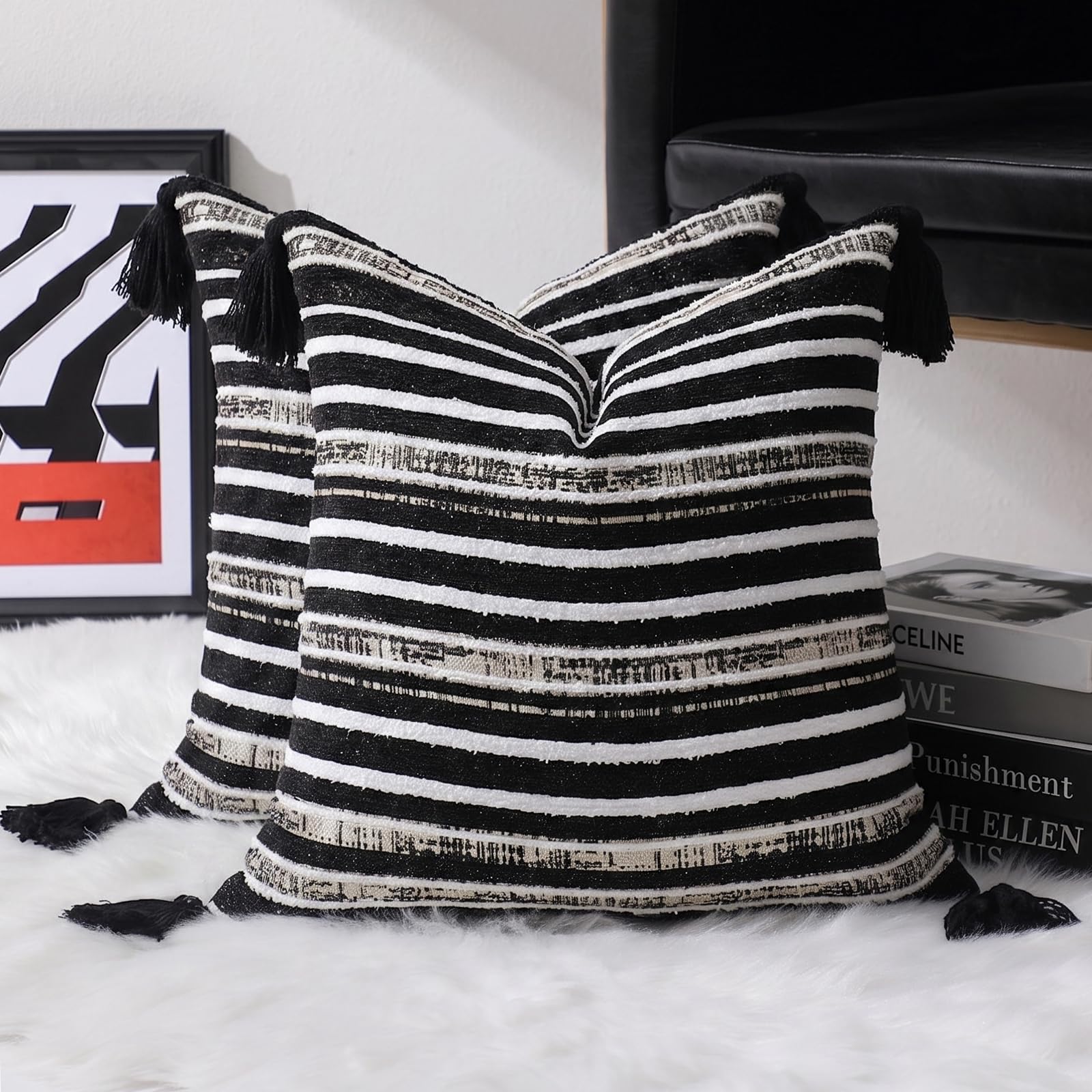 Striped Chenille Pillow Covers with Tassels, Set of 2 — Black