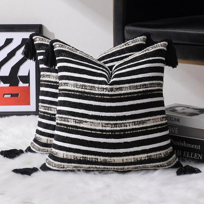 Striped Chenille Pillow Covers with Tassels, Set of 2 — Black