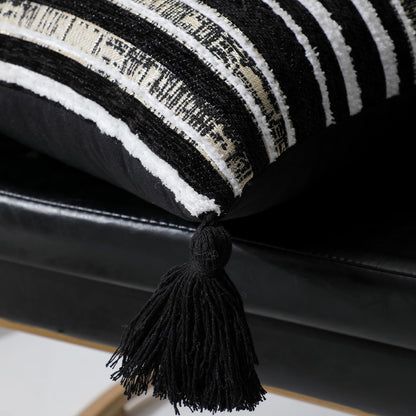 Striped Chenille Pillow Covers with Tassels, Set of 2 — Black