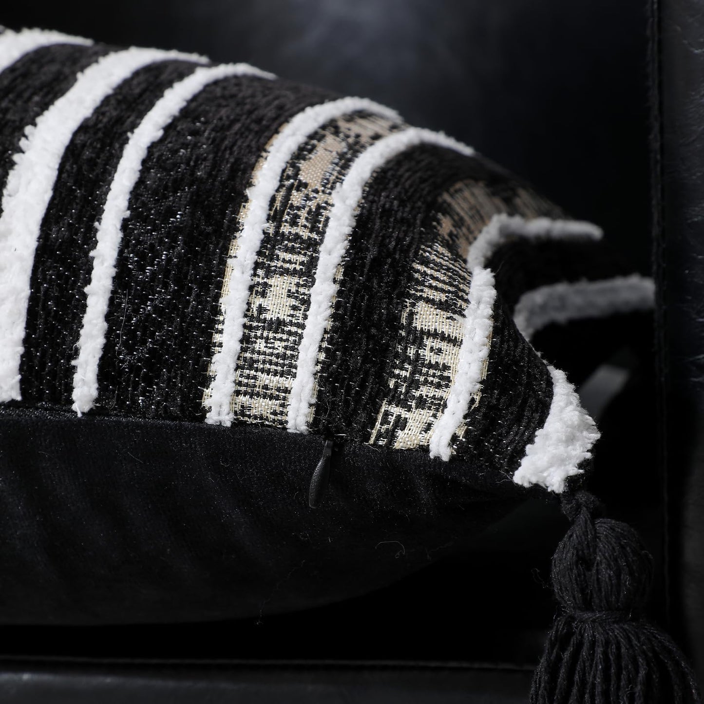 Striped Chenille Pillow Covers with Tassels, Set of 2 — Black