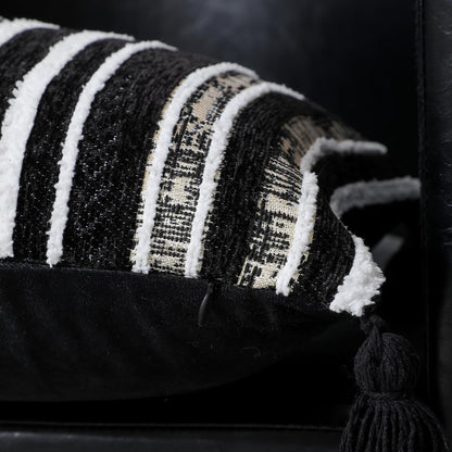 Striped Chenille Pillow Covers with Tassels, Set of 2 — Black