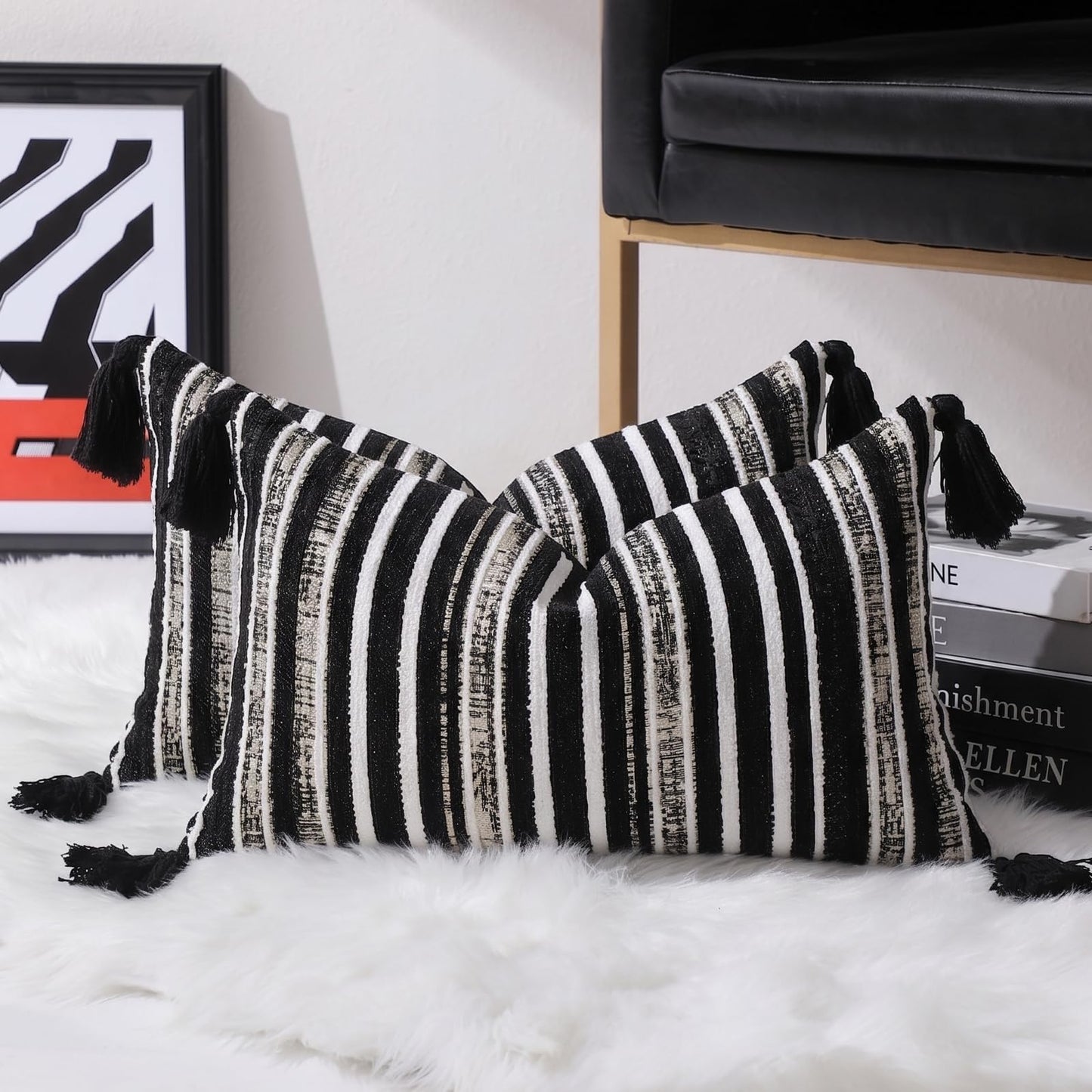 Striped Chenille Pillow Covers with Tassels, Set of 2 — Black