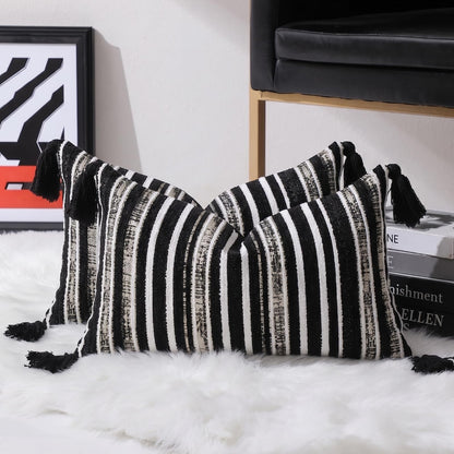 Striped Chenille Pillow Covers with Tassels, Set of 2 — Black