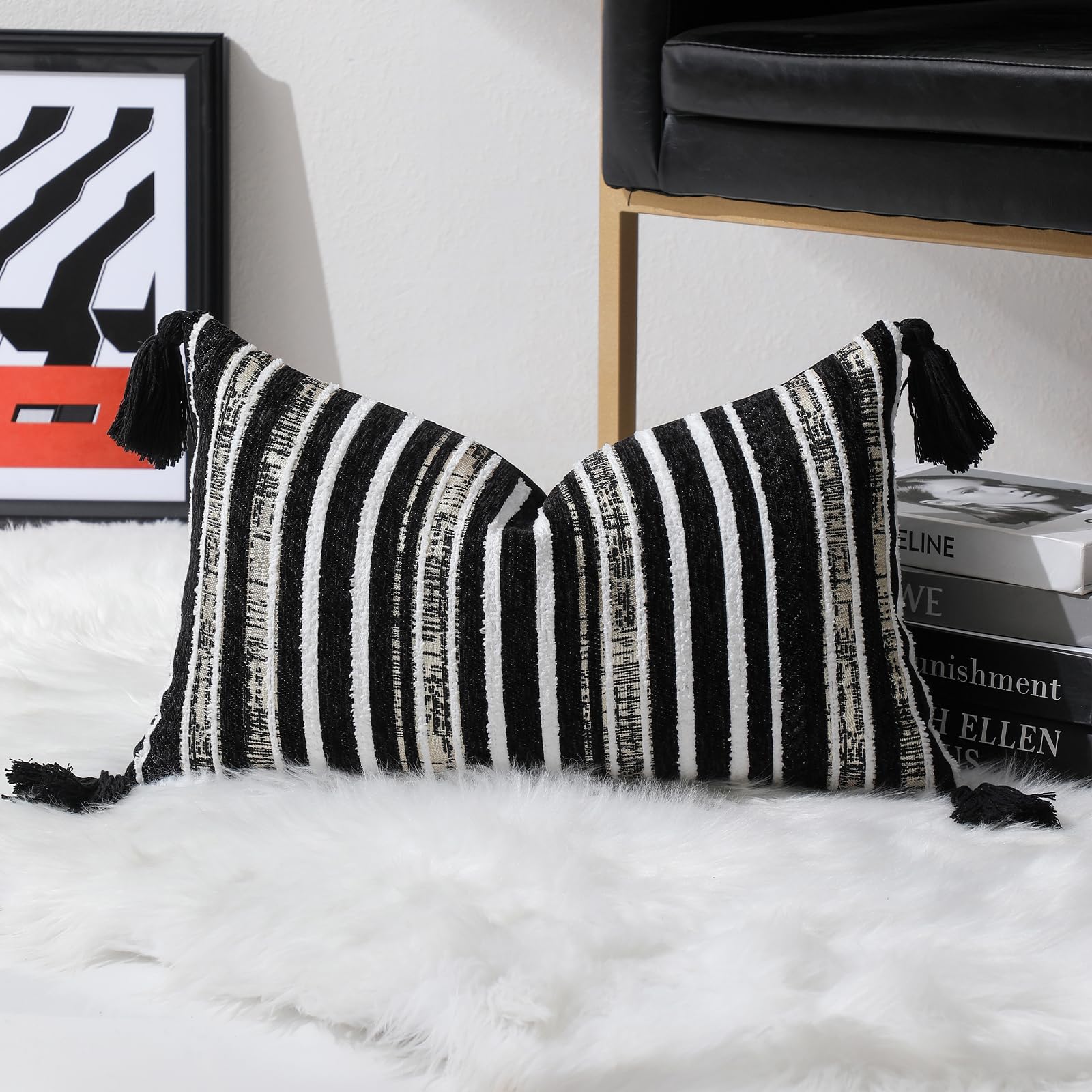 Striped Chenille Pillow Covers with Tassels, Set of 2 — Black