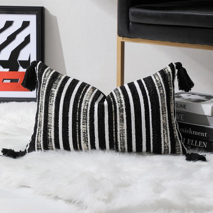 Striped Chenille Pillow Covers with Tassels, Set of 2 — Black
