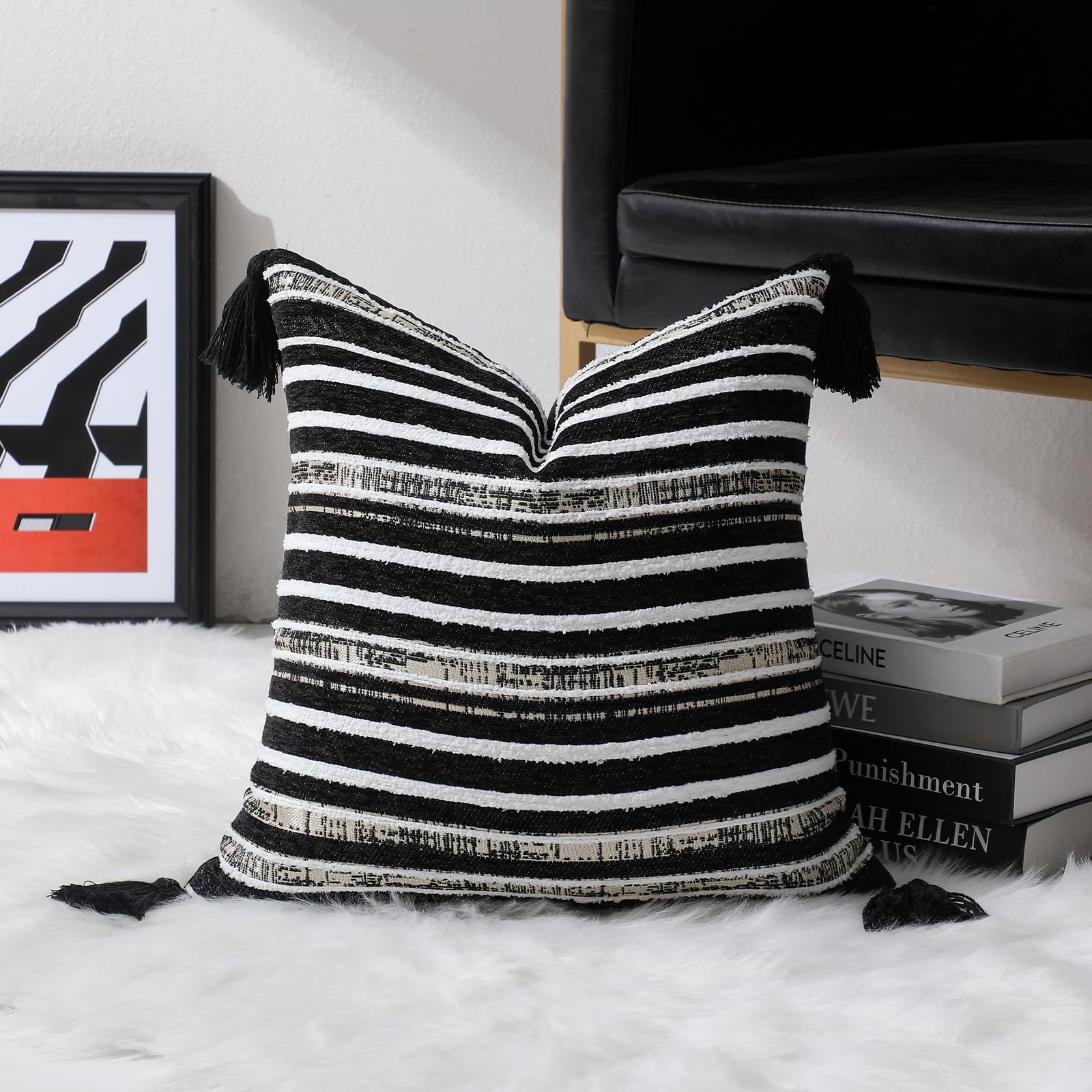 Striped Chenille Pillow Covers with Tassels, Set of 2 — Black