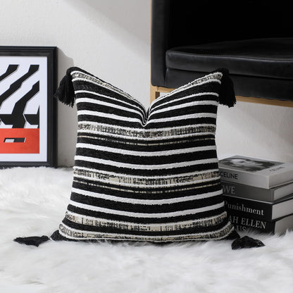 Striped Chenille Pillow Covers with Tassels, Set of 2 — Black