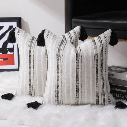 Striped Chenille Pillow Covers with Tassels, Set of 2 — White