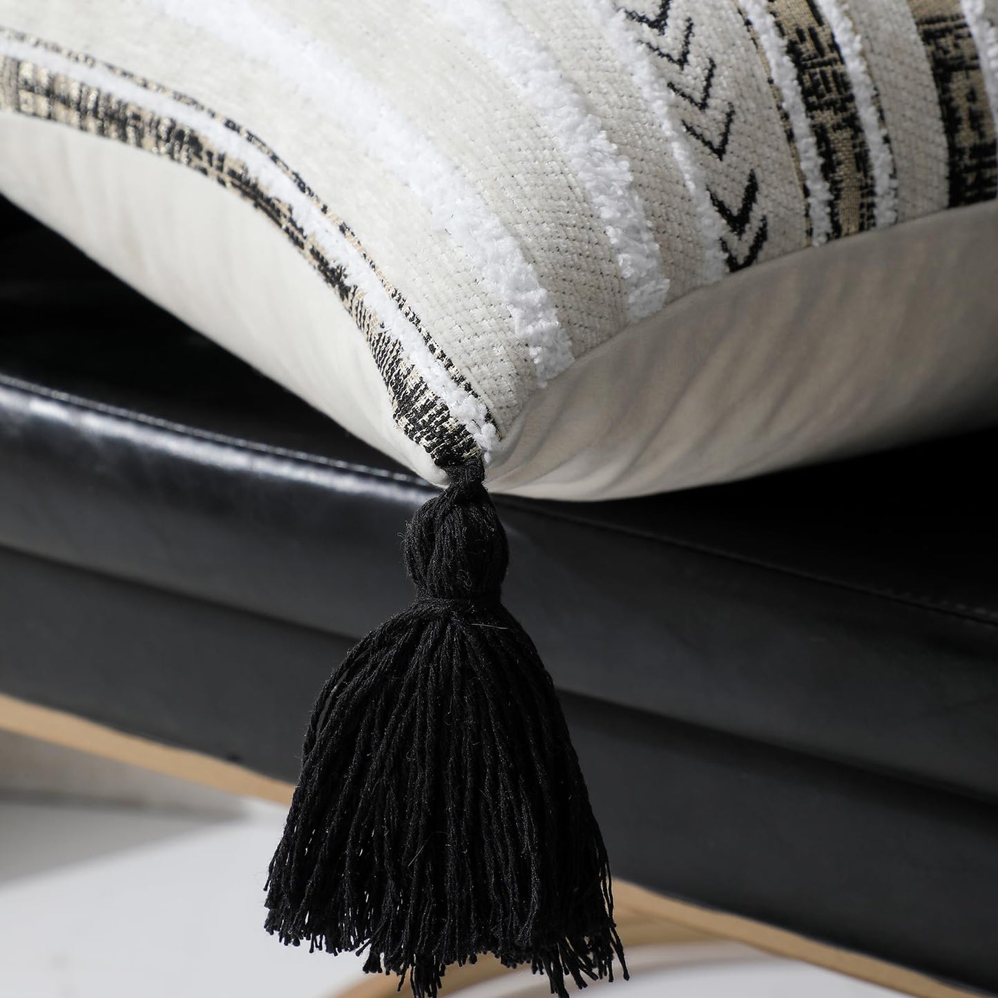 Striped Chenille Pillow Covers with Tassels, Set of 2 — White