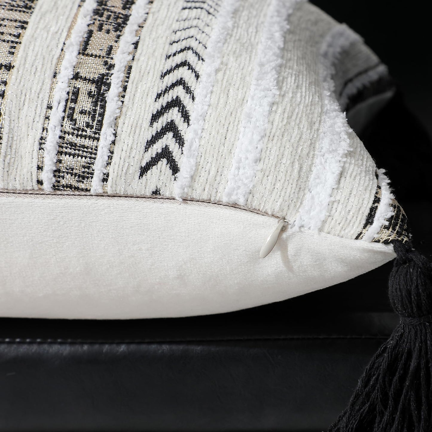 Striped Chenille Pillow Covers with Tassels, Set of 2 — White