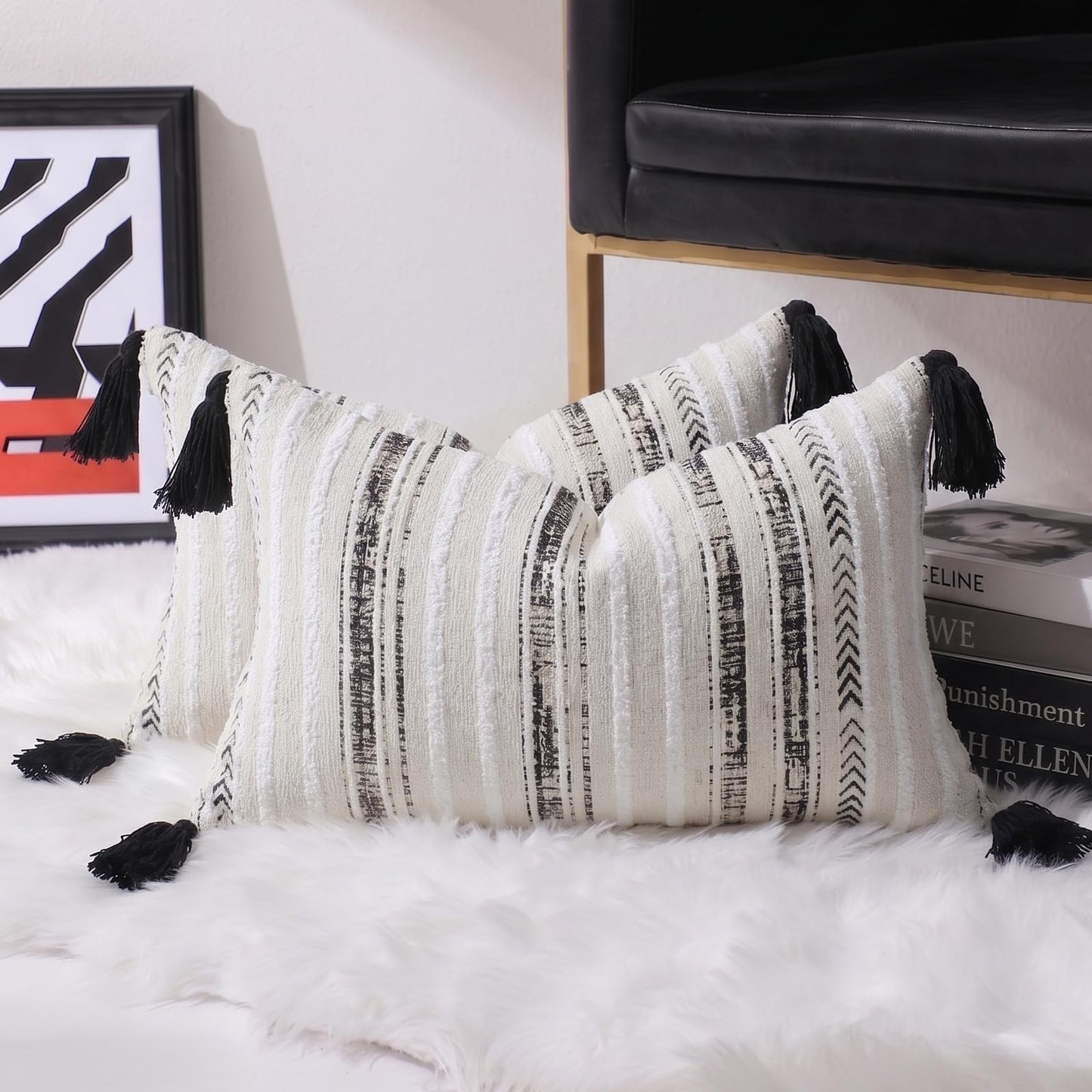 Striped Chenille Pillow Covers with Tassels, Set of 2 — White