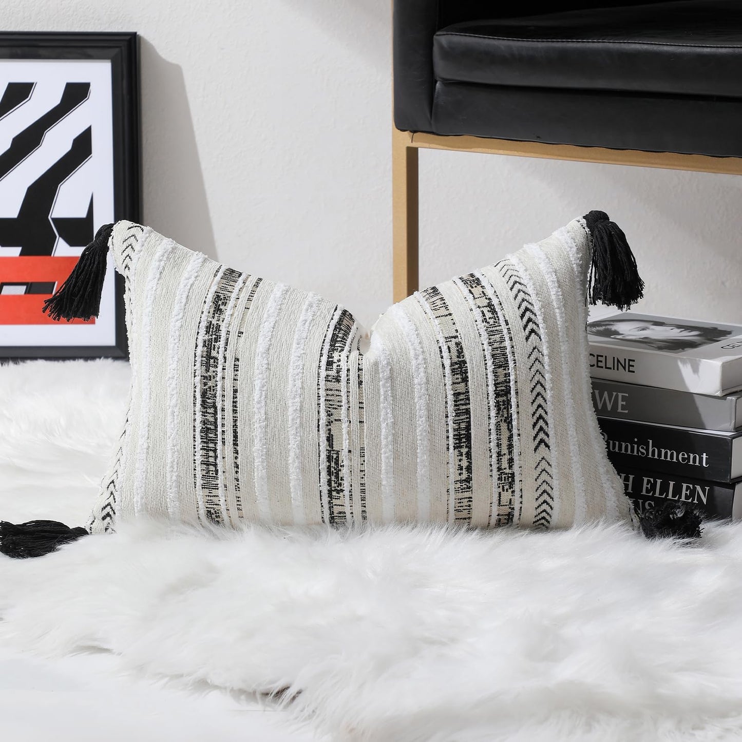 Striped Chenille Pillow Covers with Tassels, Set of 2 — White