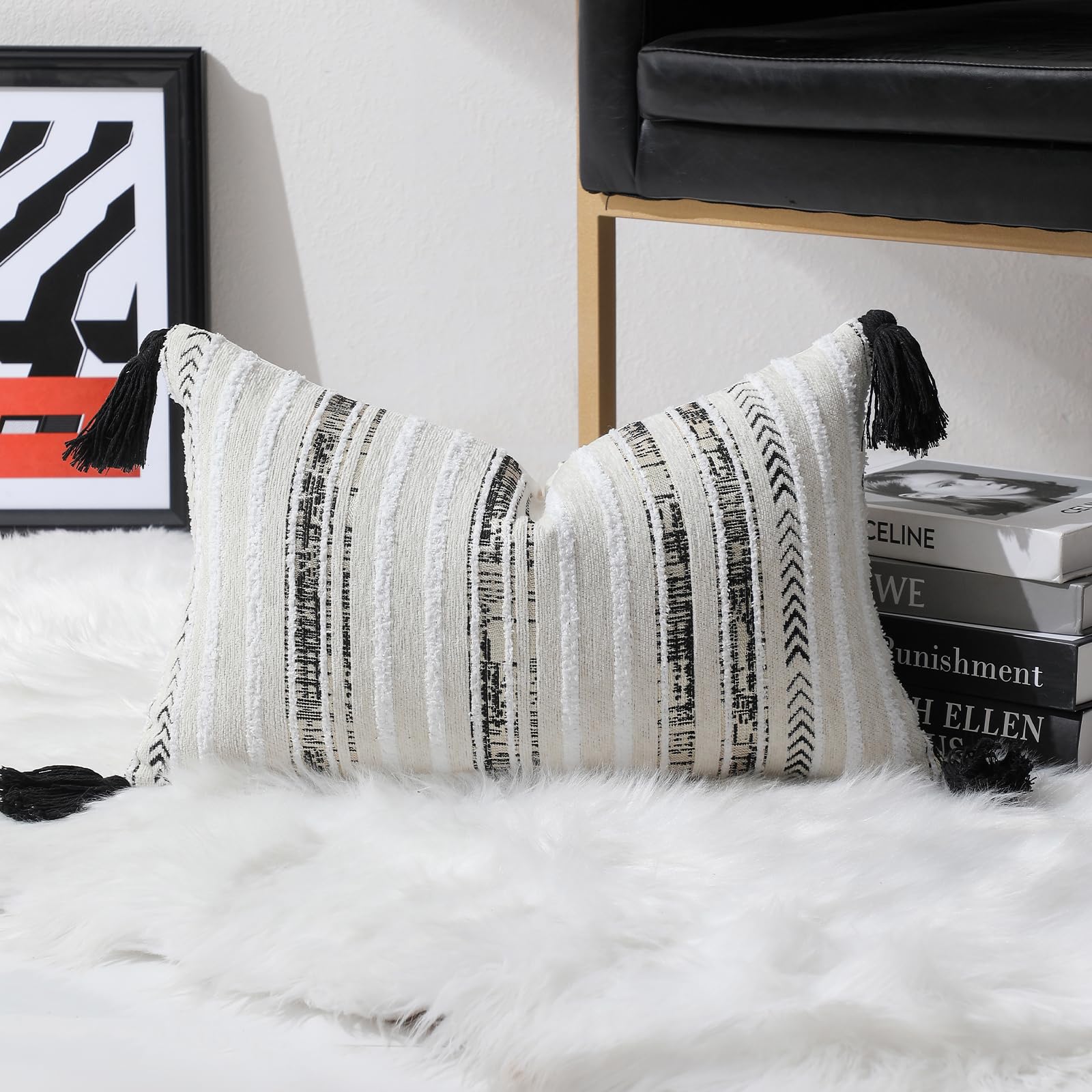 Striped Chenille Pillow Covers with Tassels, Set of 2 — White