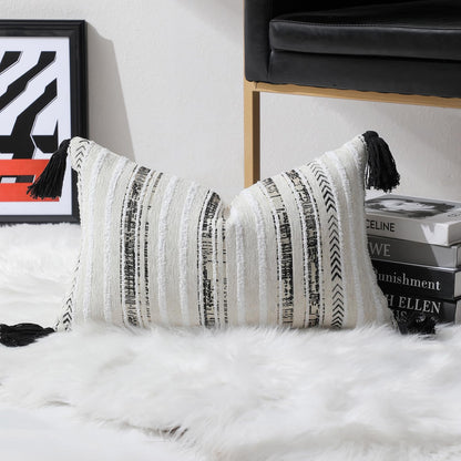 Striped Chenille Pillow Covers with Tassels, Set of 2 — White