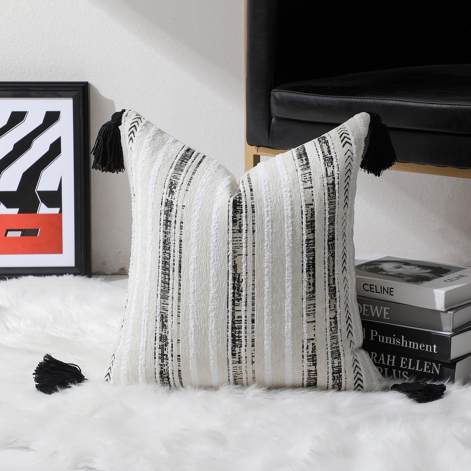 Striped Chenille Pillow Covers with Tassels, Set of 2 — White