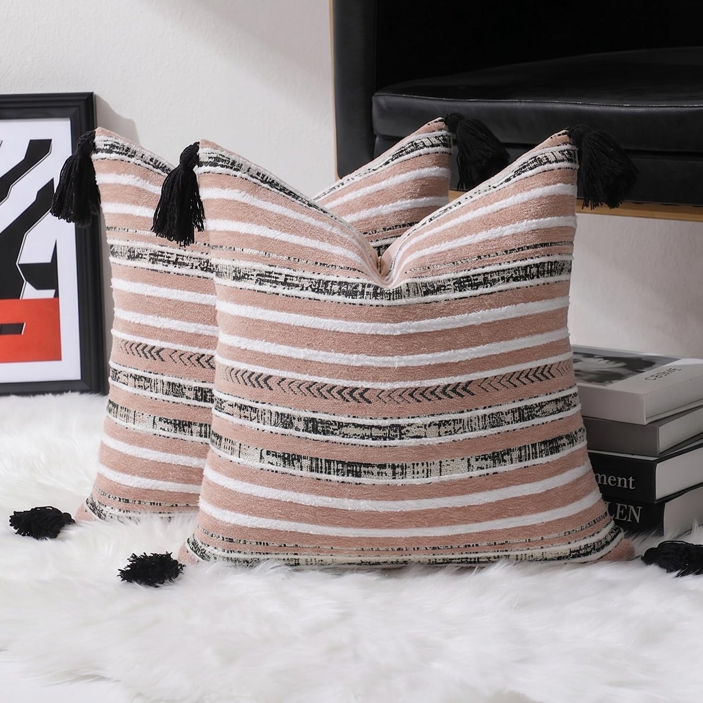 Striped Chenille Pillow Covers with Tassels, Set of 2 — Blush Pink