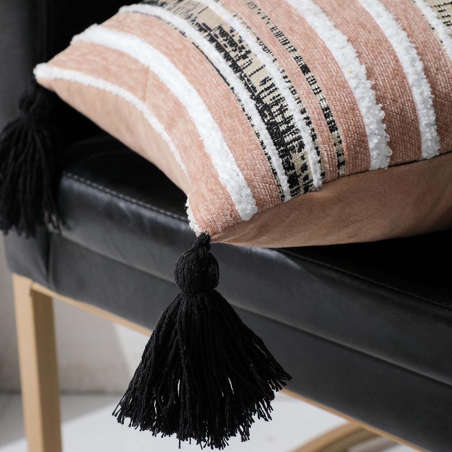Striped Chenille Pillow Covers with Tassels, Set of 2 — Blush Pink