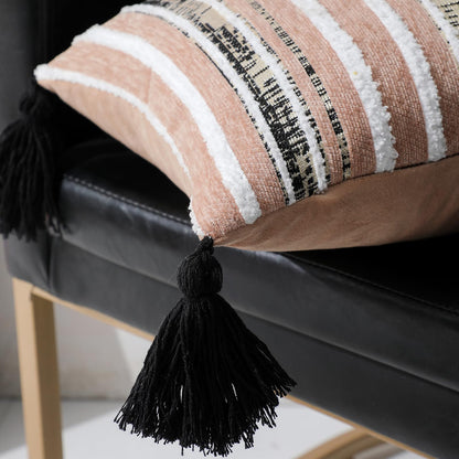 Striped Chenille Pillow Covers with Tassels, Set of 2 — Blush Pink