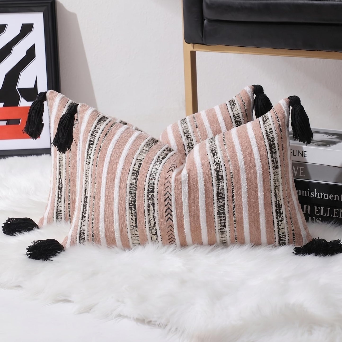 Striped Chenille Pillow Covers with Tassels, Set of 2 — Blush Pink