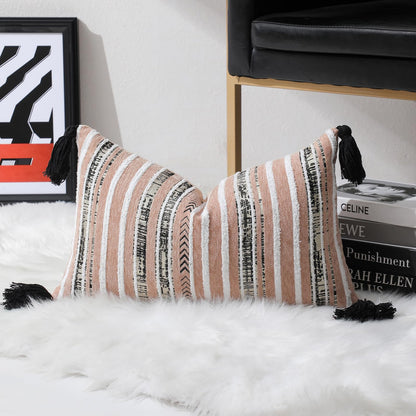 Striped Chenille Pillow Covers with Tassels, Set of 2 — Blush Pink