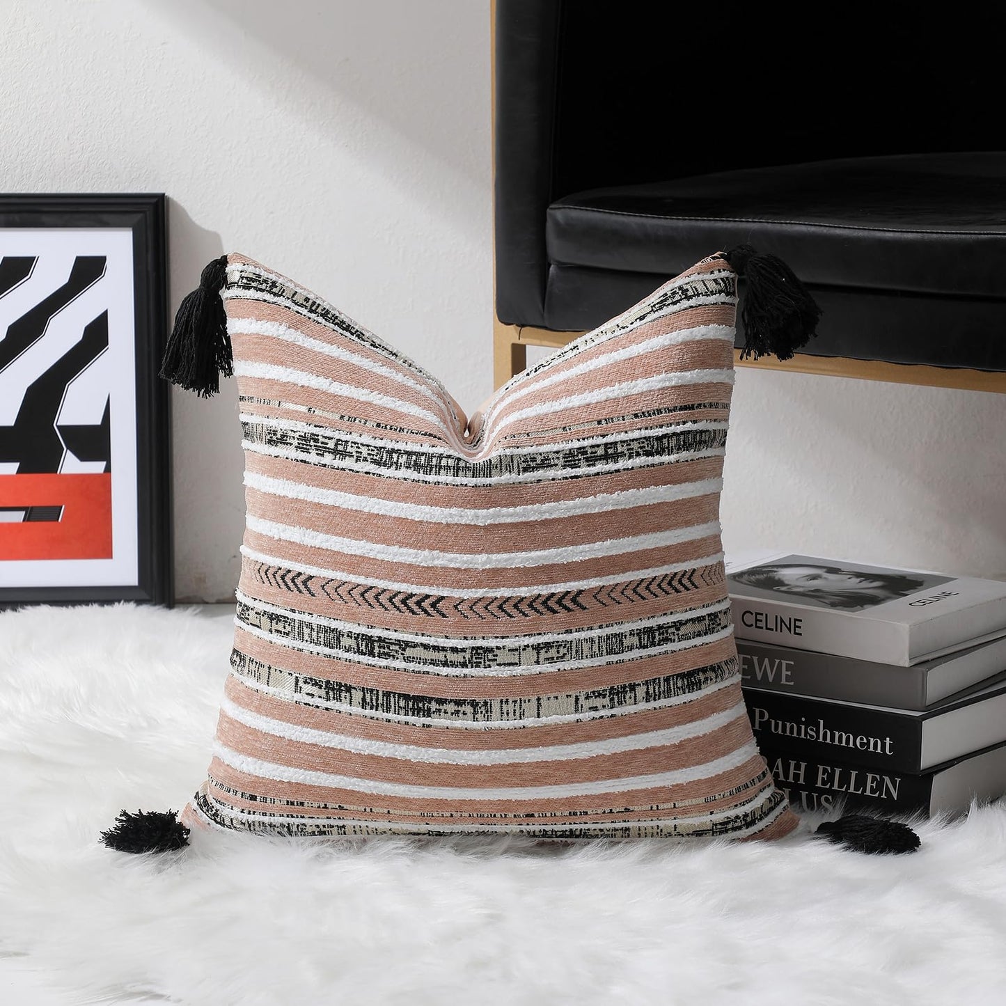 Striped Chenille Pillow Covers with Tassels, Set of 2 — Blush Pink