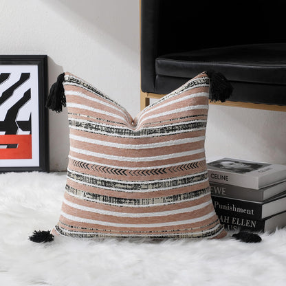 Striped Chenille Pillow Covers with Tassels, Set of 2 — Blush Pink