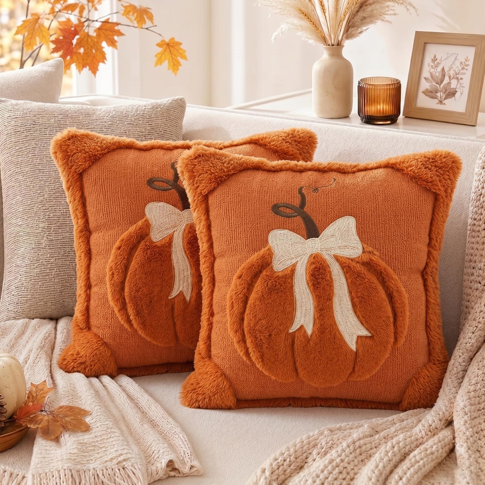 Textured Pumpkin Fall Pillow Covers, Set of 2 — Rust Orange