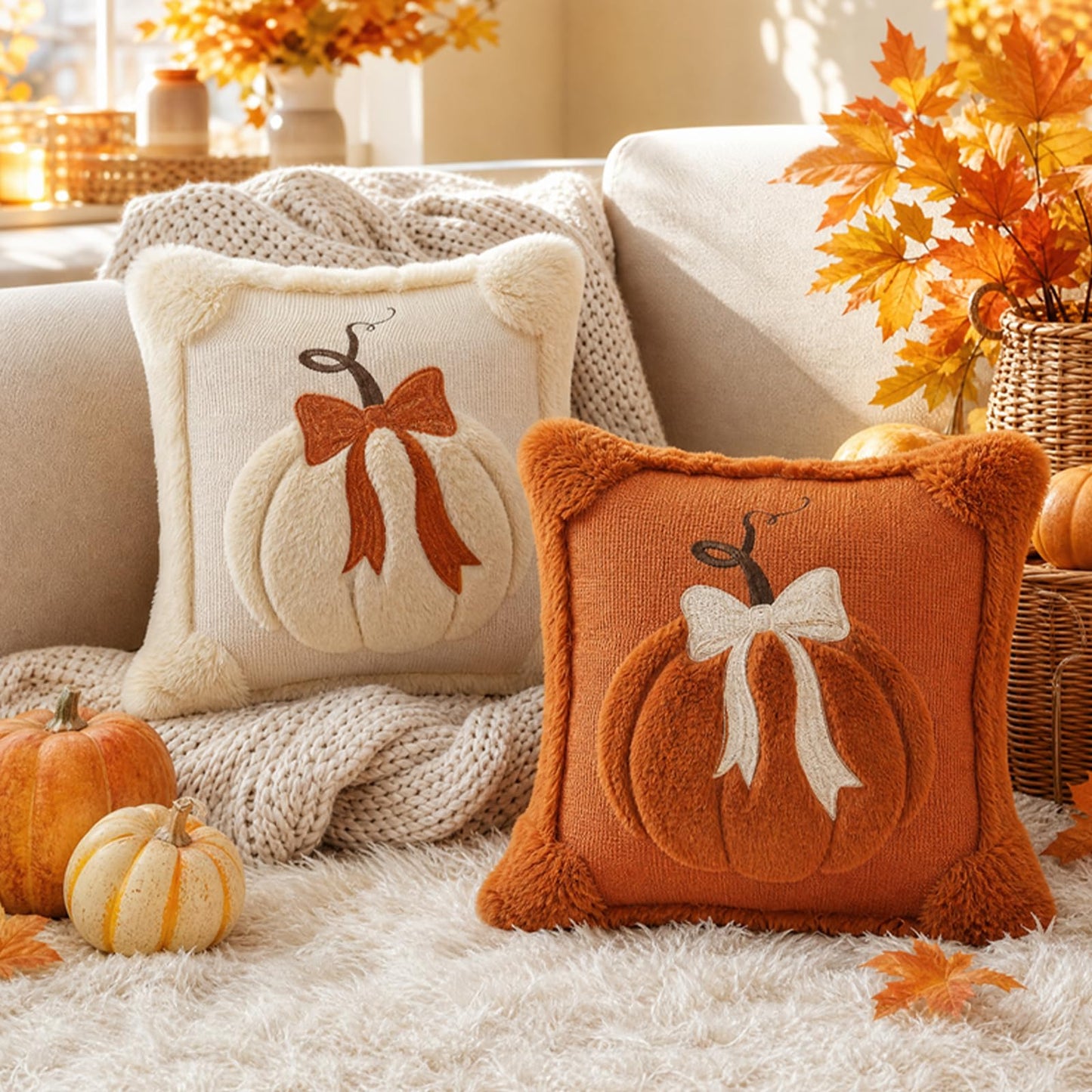 Textured Pumpkin Fall Pillow Covers, Set of 2 — Rust Orange