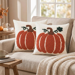 Tufted polyester pillow covers with a filled rust pumpkin, styled on a cream sofa