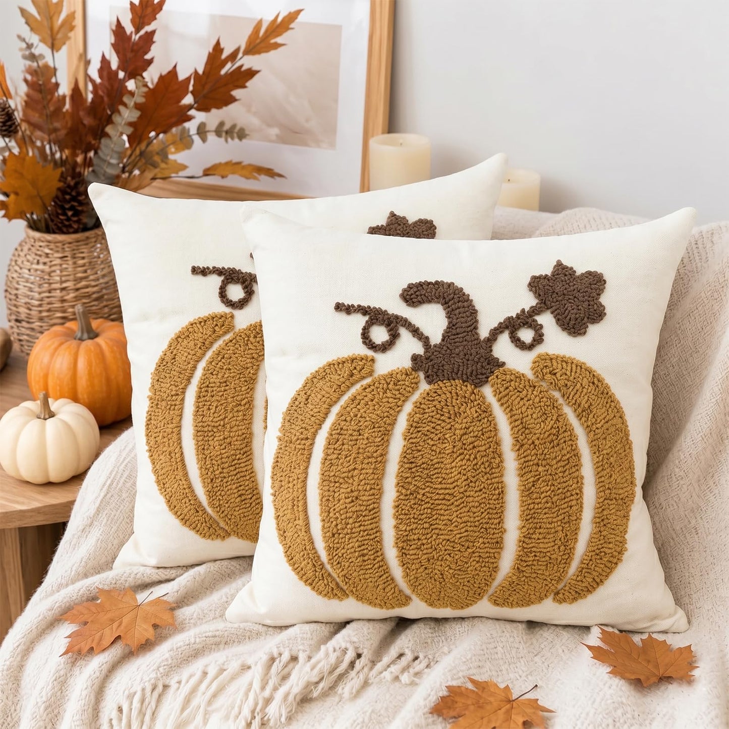 Tufted Pumpkin Fall Pillow Covers, Set of 2 — Mustard Yellow