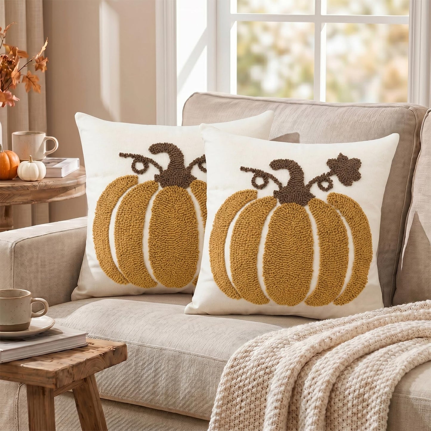 Tufted Pumpkin Fall Pillow Covers, Set of 2 — Mustard Yellow