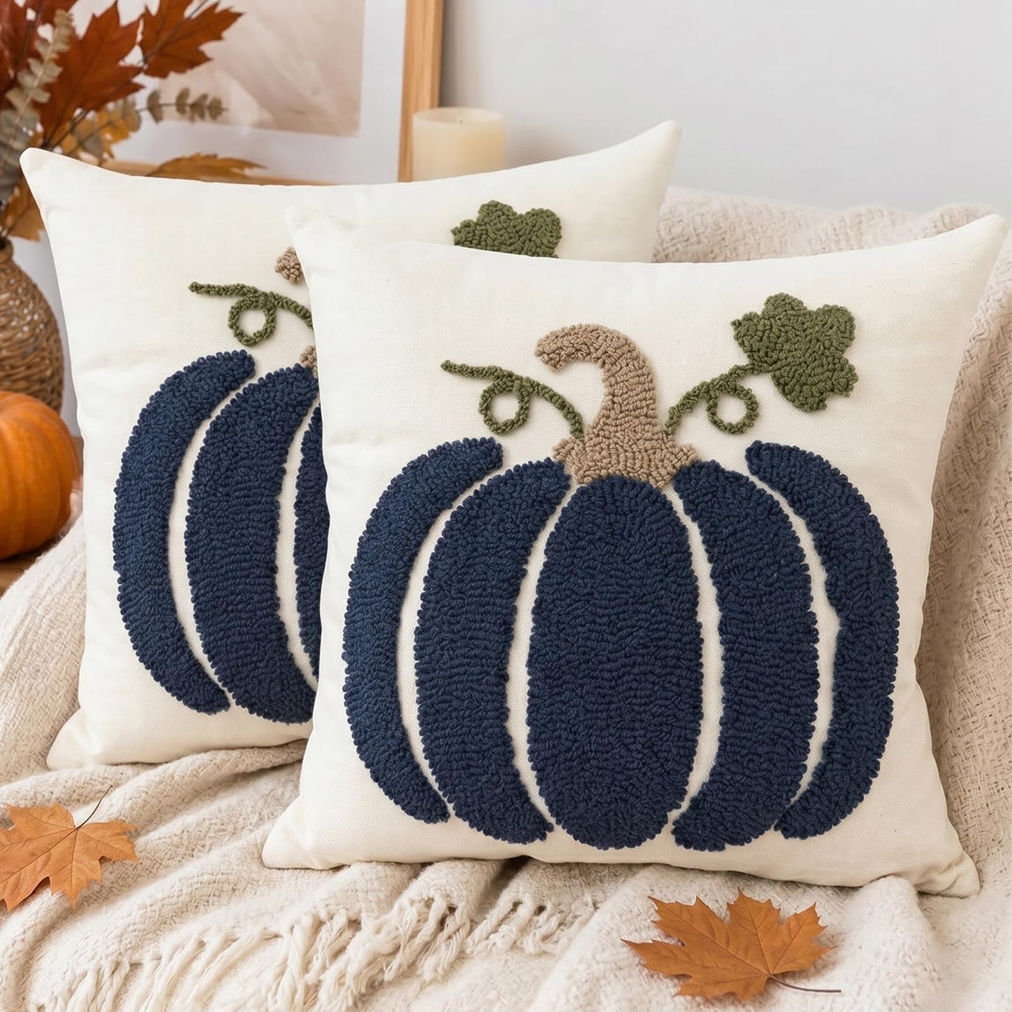 Tufted Pumpkin Fall Pillow Covers, Set of 2 — Navy Blue