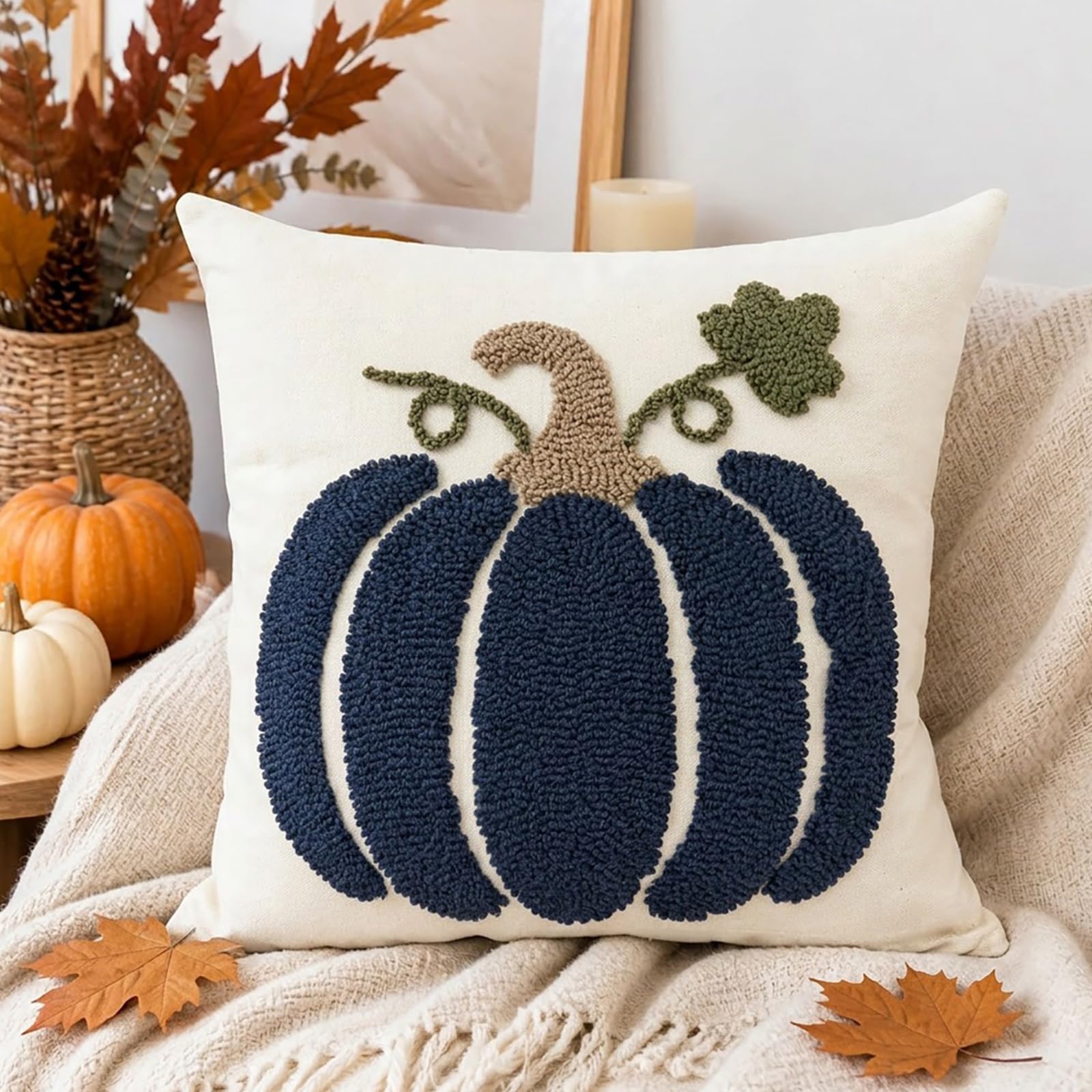 Tufted Pumpkin Fall Pillow Covers, Set of 2 — Navy Blue