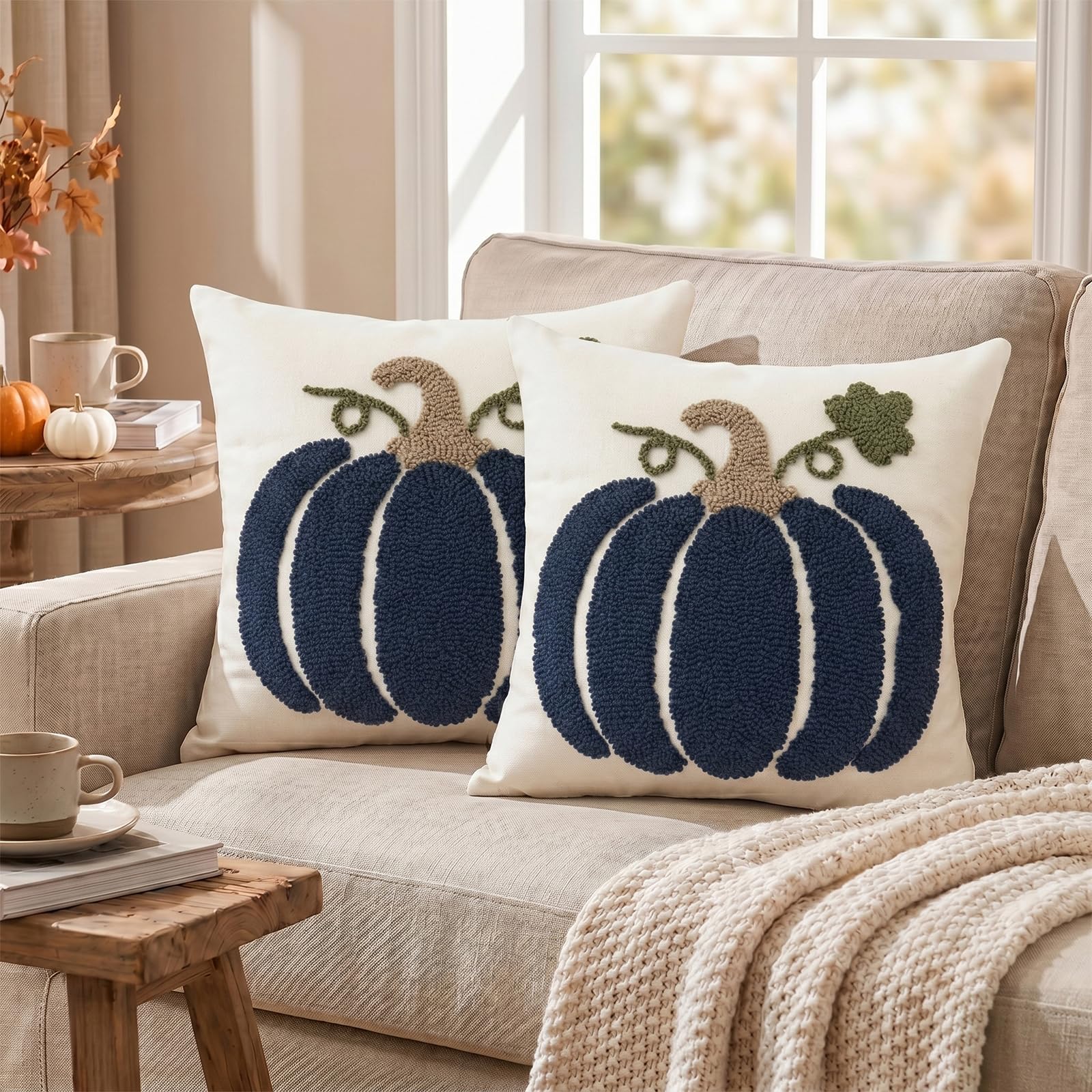 Tufted Pumpkin Fall Pillow Covers, Set of 2 — Navy Blue