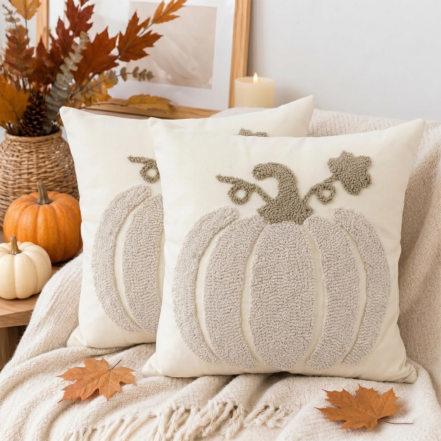 Tufted Pumpkin Fall Pillow Covers, Set of 2 — Beige