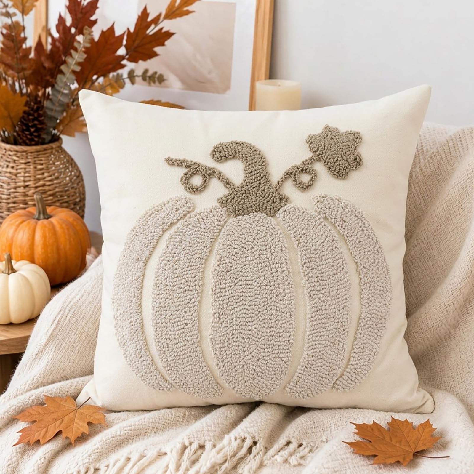 Tufted Pumpkin Fall Pillow Covers, Set of 2 — Beige