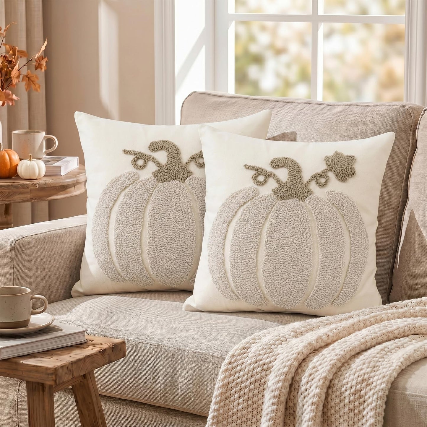 Tufted Pumpkin Fall Pillow Covers, Set of 2 — Beige