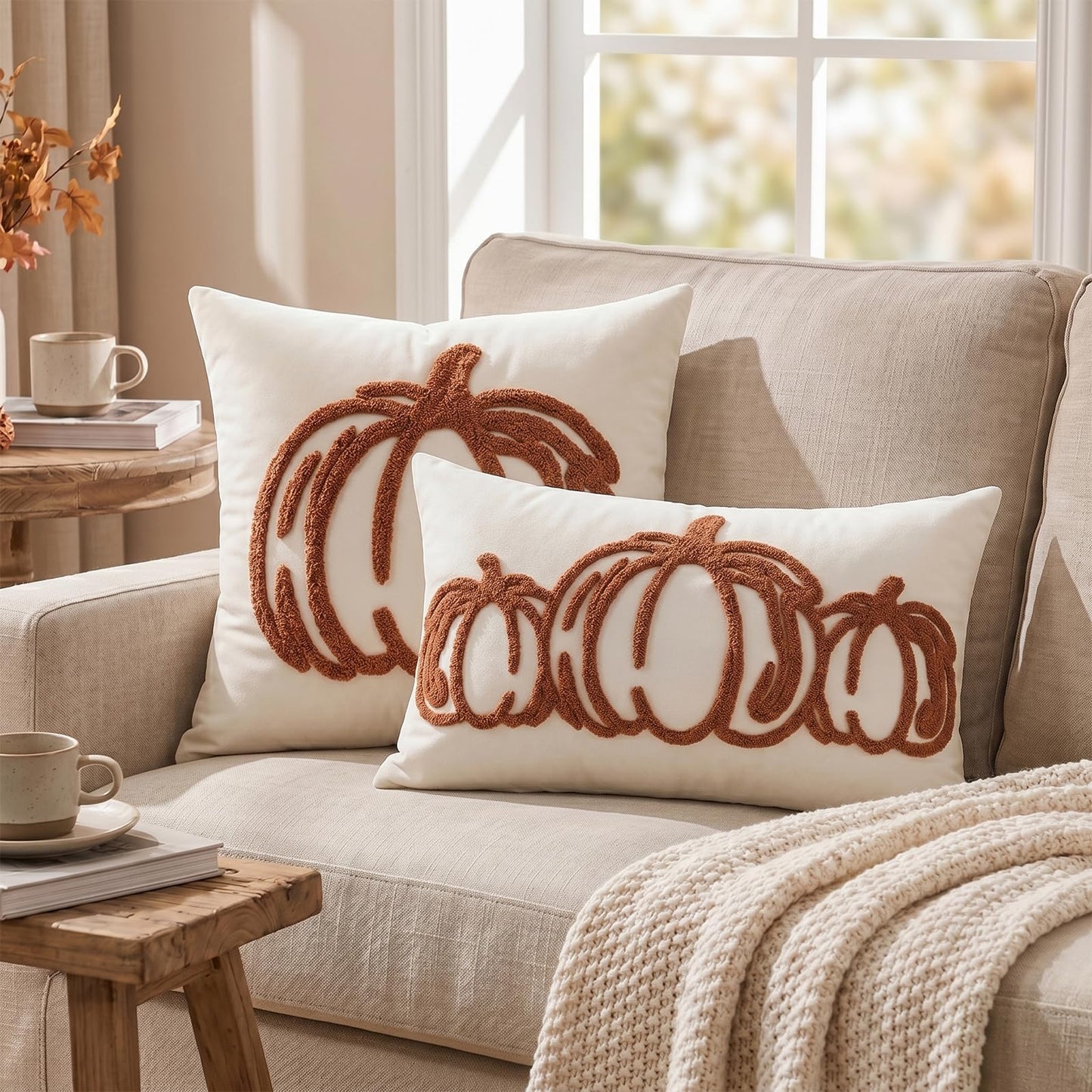 Tufted Pumpkin Fall Pillow Covers, Set of 2 — Caramel Orange
