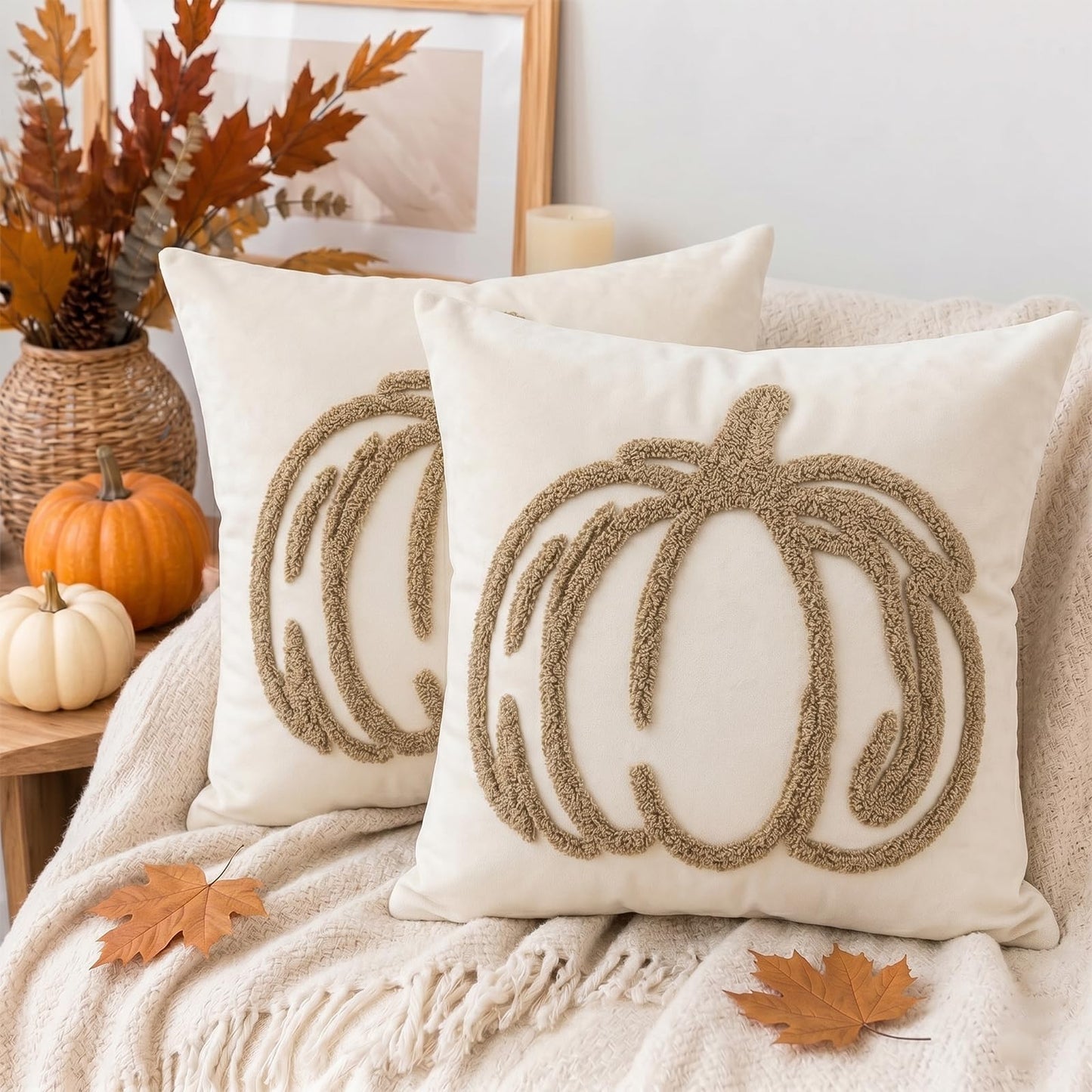 Tufted Pumpkin Fall Pillow Covers, Set of 2 — Khaki