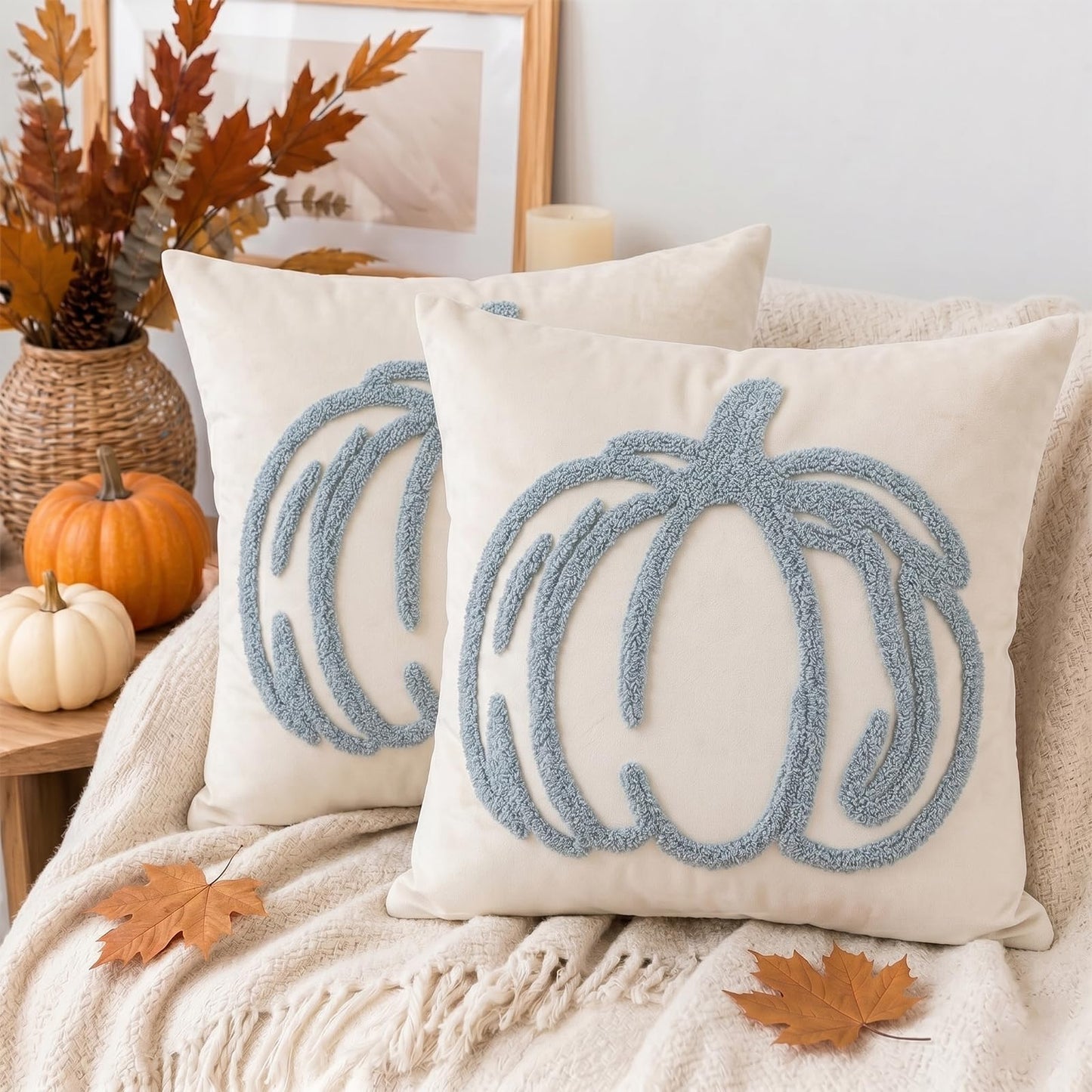 Tufted Pumpkin Fall Pillow Covers, Set of 2 — Blue