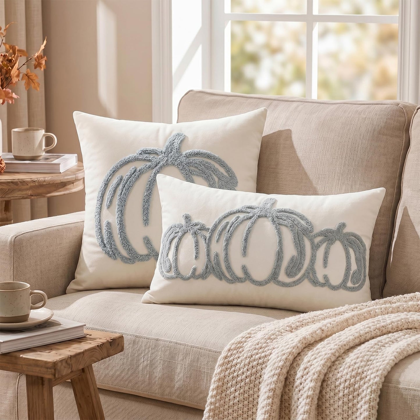Tufted Pumpkin Fall Pillow Covers, Set of 2 — Blue