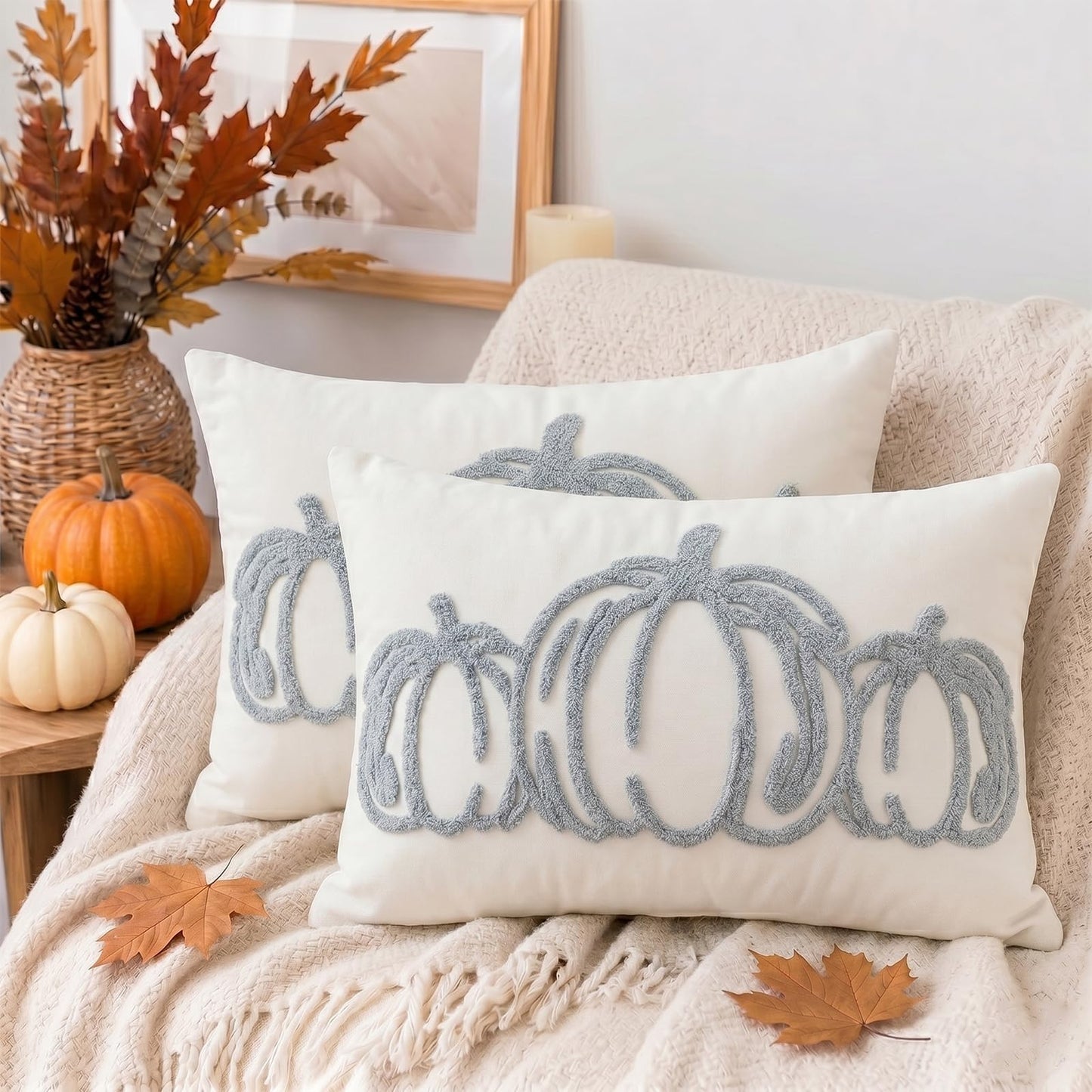 Tufted Pumpkin Fall Pillow Covers, Set of 2 — Blue