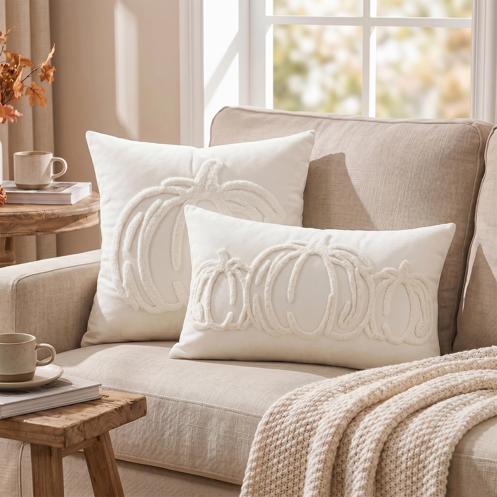 Tufted Pumpkin Fall Pillow Covers, Set of 2 — Ivory White