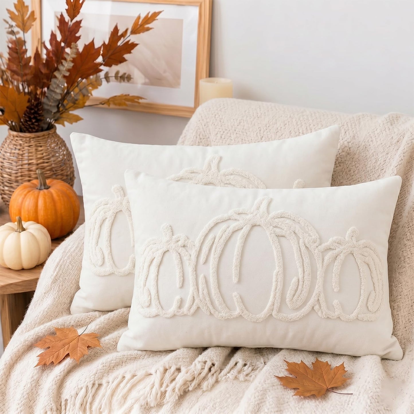 Tufted Pumpkin Fall Pillow Covers, Set of 2 — Ivory White