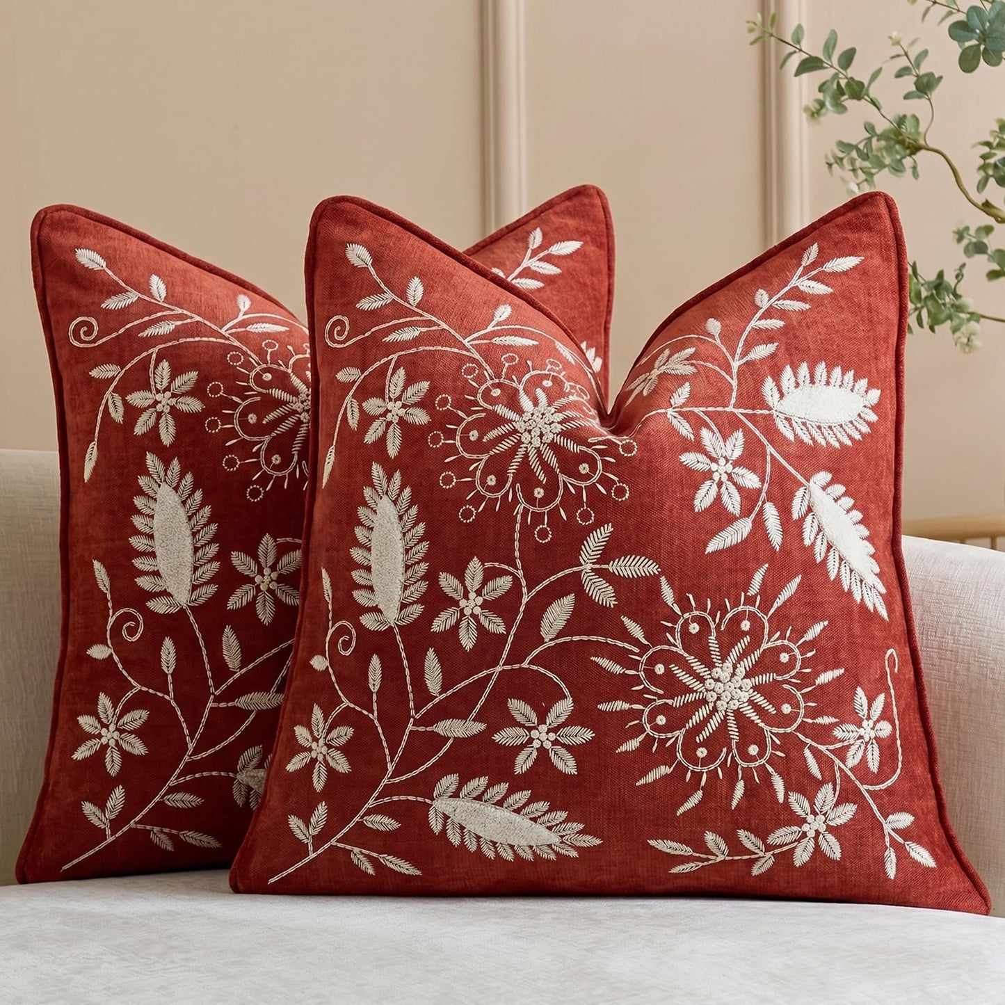 Floral Embroidered Chenille Pillow Covers, Set of 2 — Terracotta